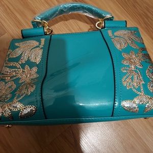 Teal Green Gold Patent Leather Look Bling Fashion Handbag Embroidery Shiny Purse